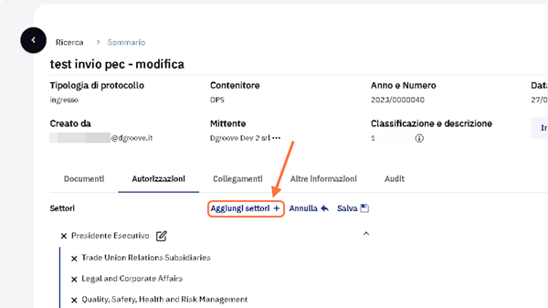 Cliccare su "Aggiungi settori"