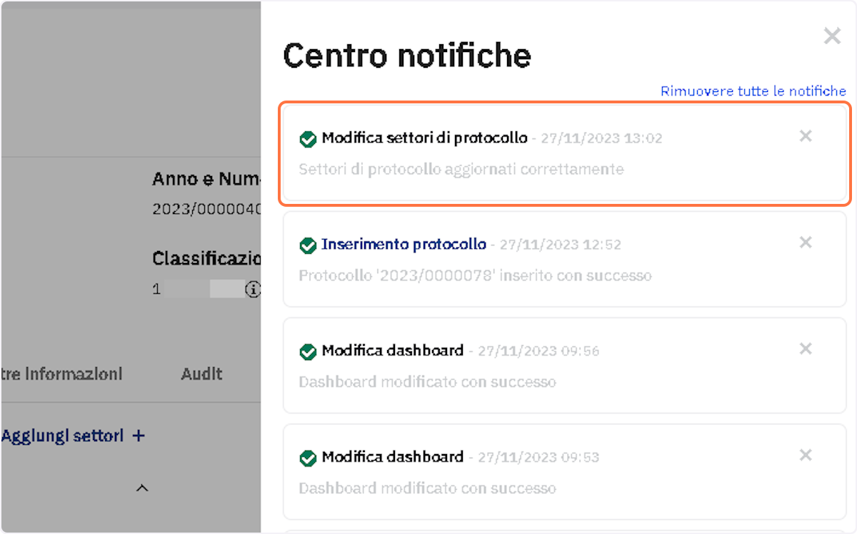 Verificare l'esito dell'attività di Modifica settori