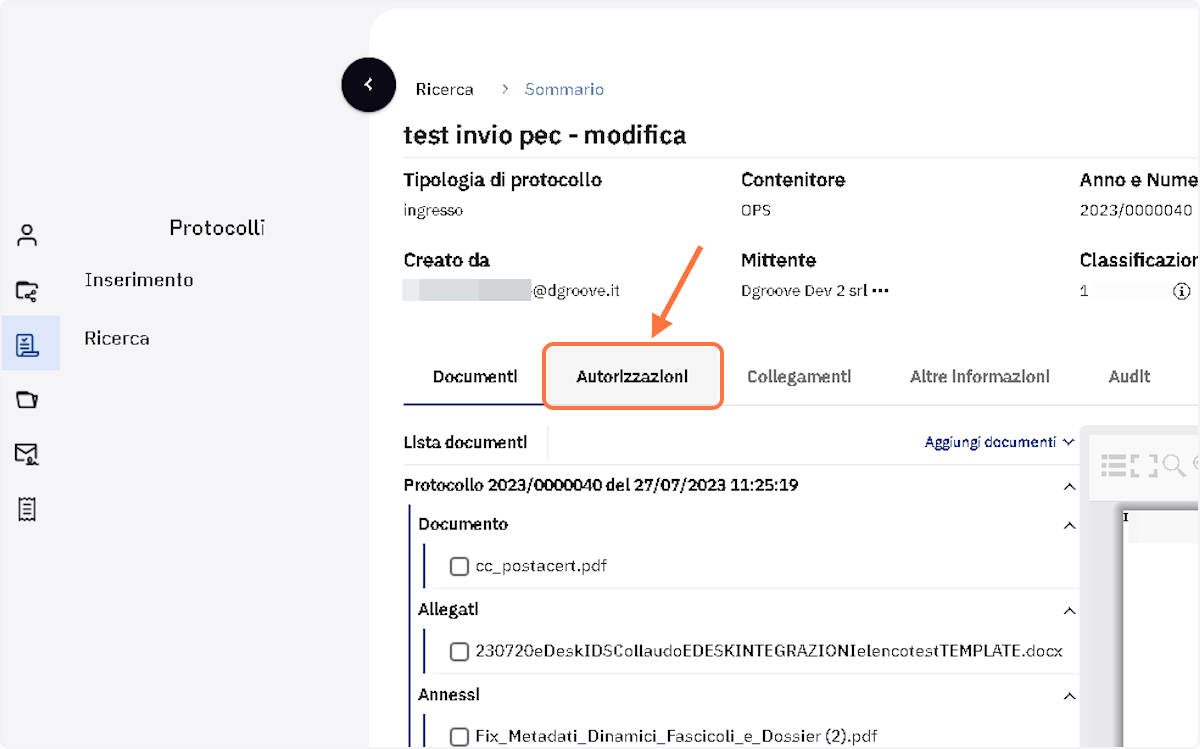 Cliccare sul tab "Autorizzazioni"