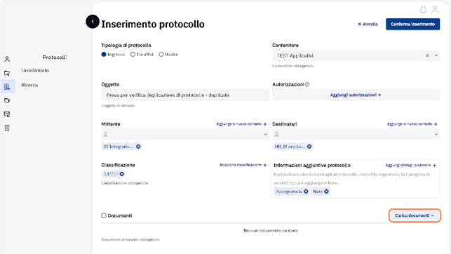 Cliccare su "Carica documenti"