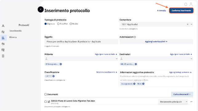 Cliccare su "Conferma inserimento"
