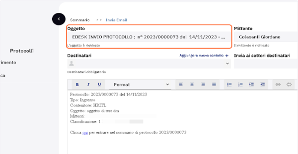 Compilare il campo "Oggetto" 