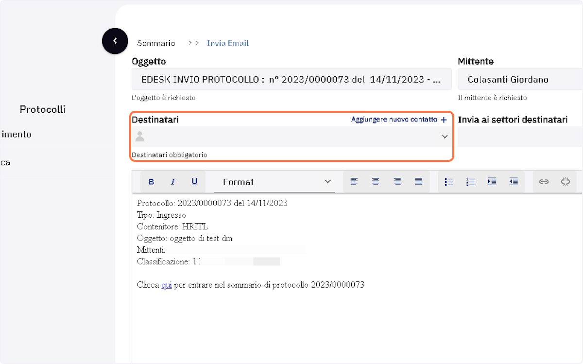Aggiungere uno o più contatti nel campo "Destinatari"