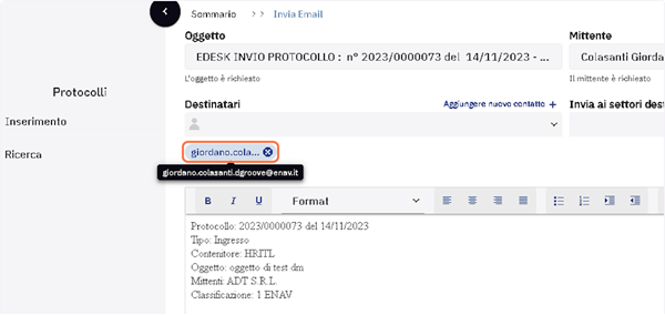 Il destinatario è stato inserito