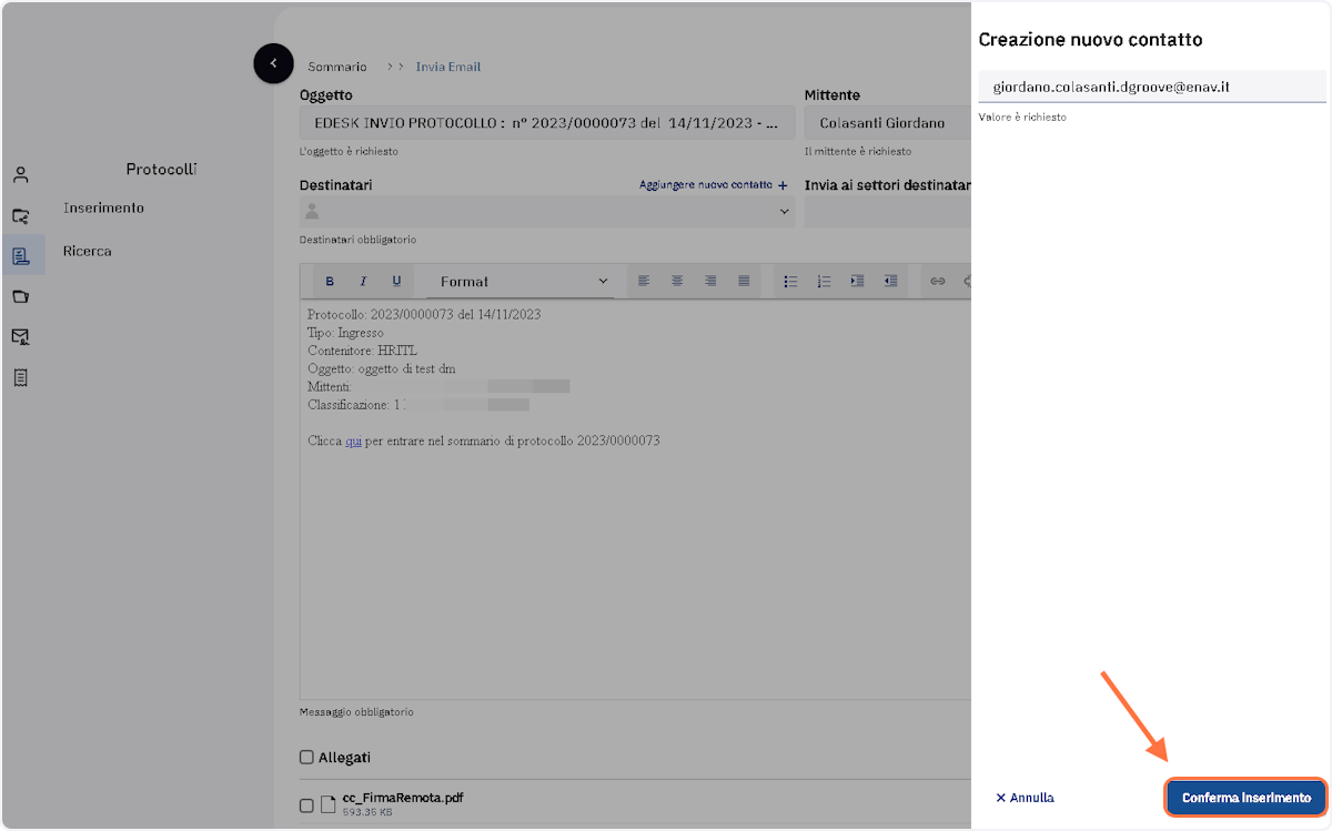 Cliccare su "Conferma Inserimento"