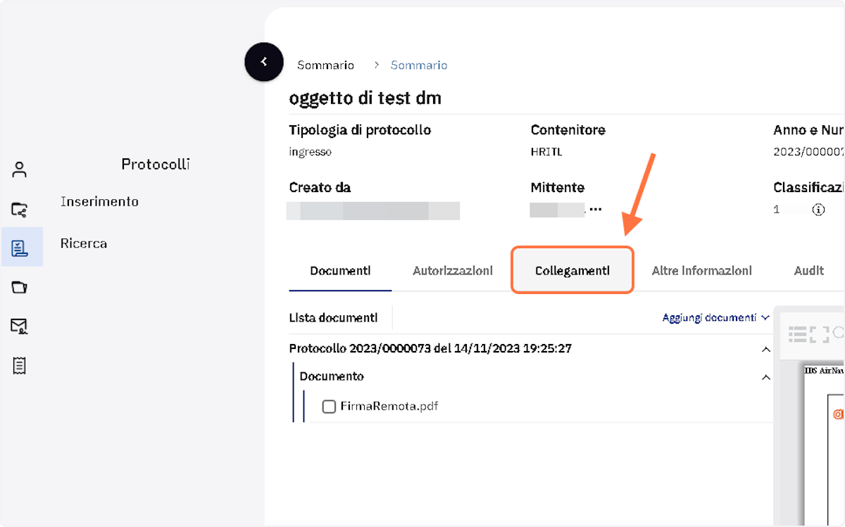 Cliccare sul tab "Collegamenti"