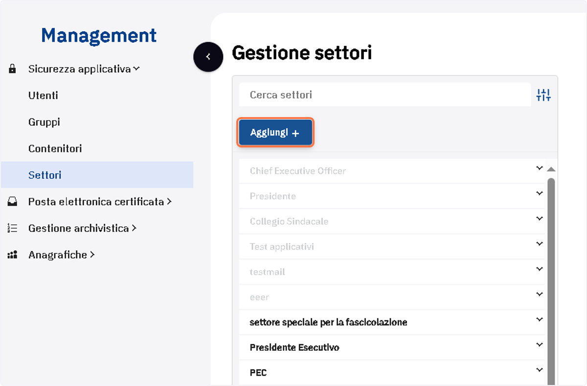 Pulsante Aggiungi dell'elenco Settori
