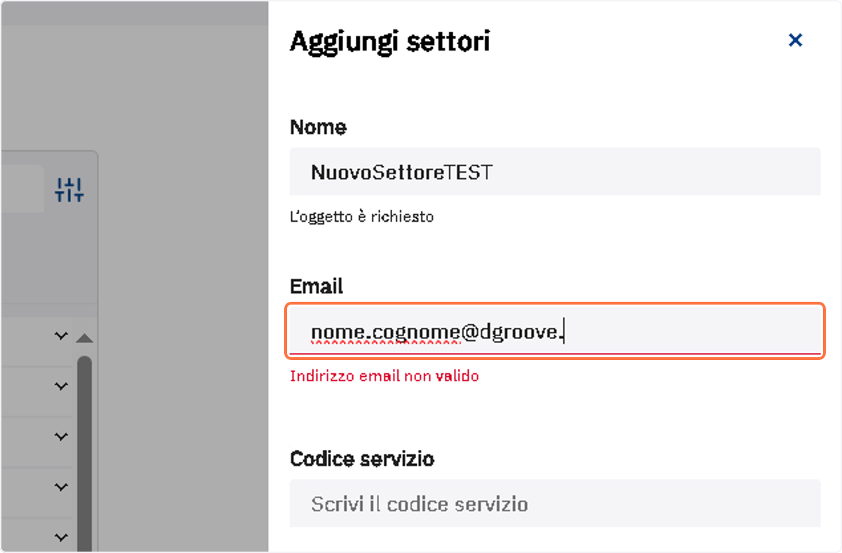 Campo Email del pannello Aggiungi settori