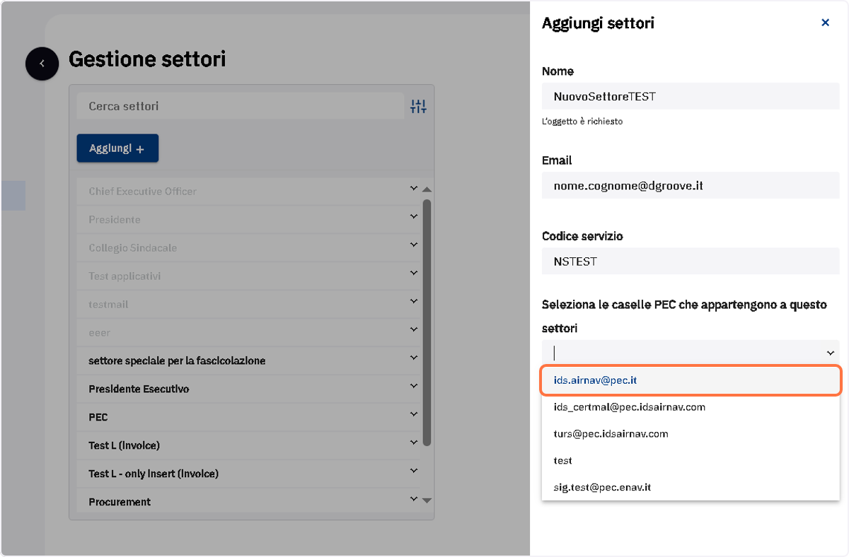 Menu a tendina di selezione delle caselle PEC