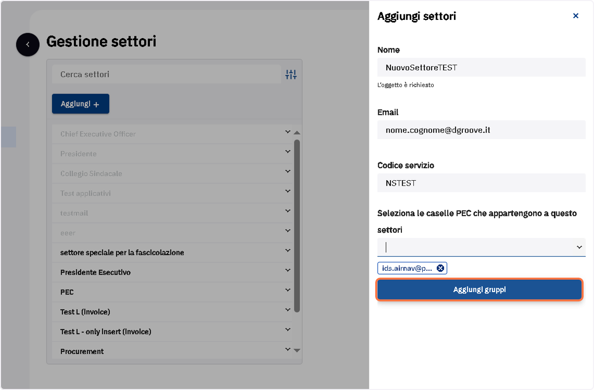 Pulsante Aggiungi gruppi del pannello Aggiungi settori