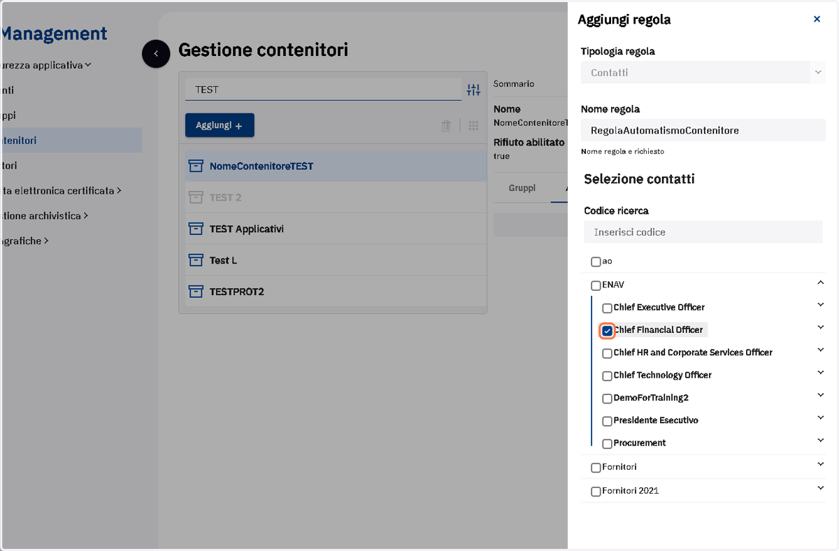 Selezione del contatto nel pannello Aggiungi regola