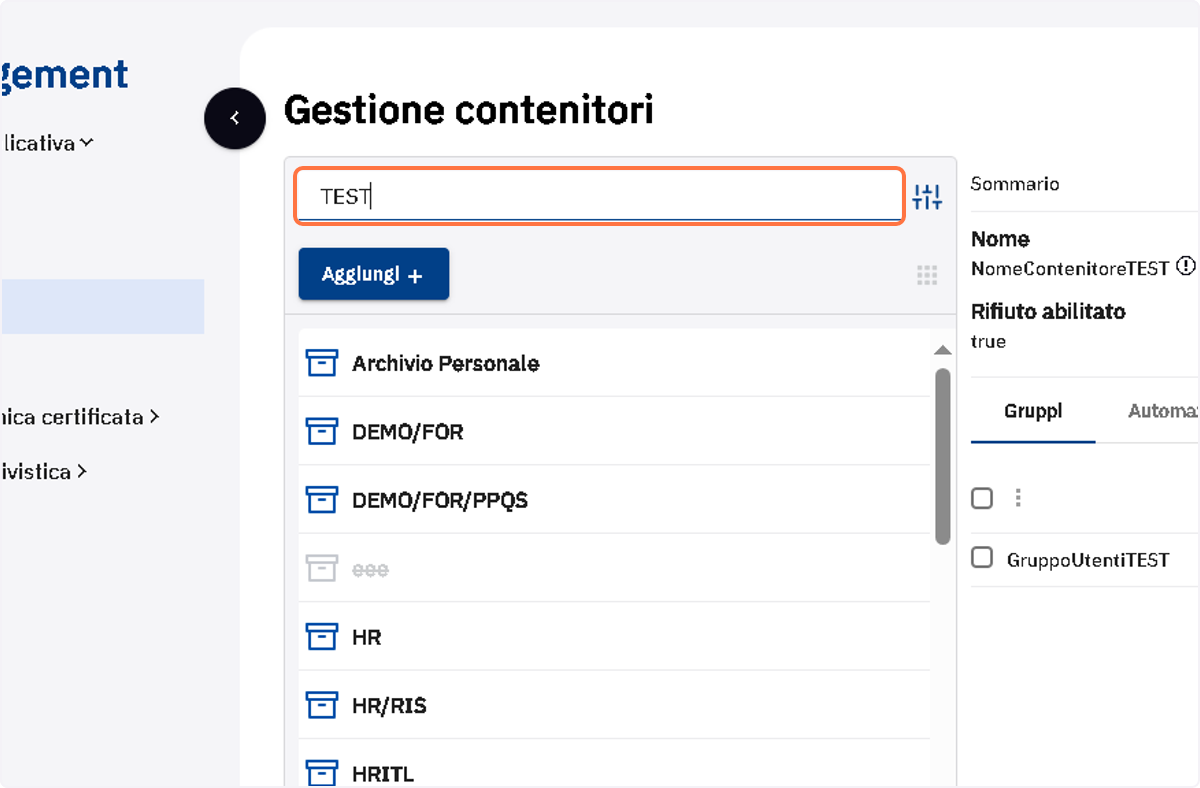 Cercare il contenitore appena creato