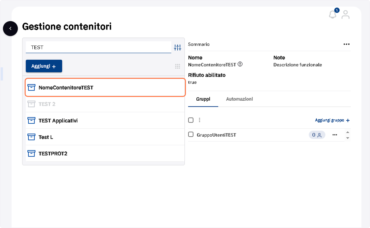 Verificare che il contenitore sia presente nell'elenco