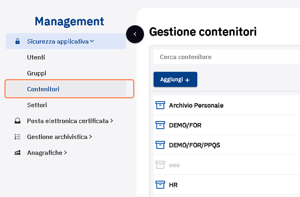 Cliccare sulla voce di menu Contenitori