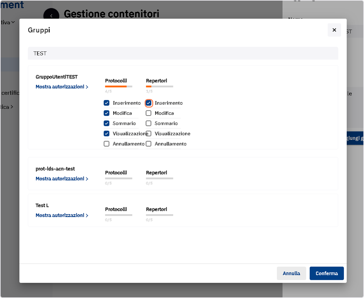 Selezionare i diritti da attribuire al gruppo