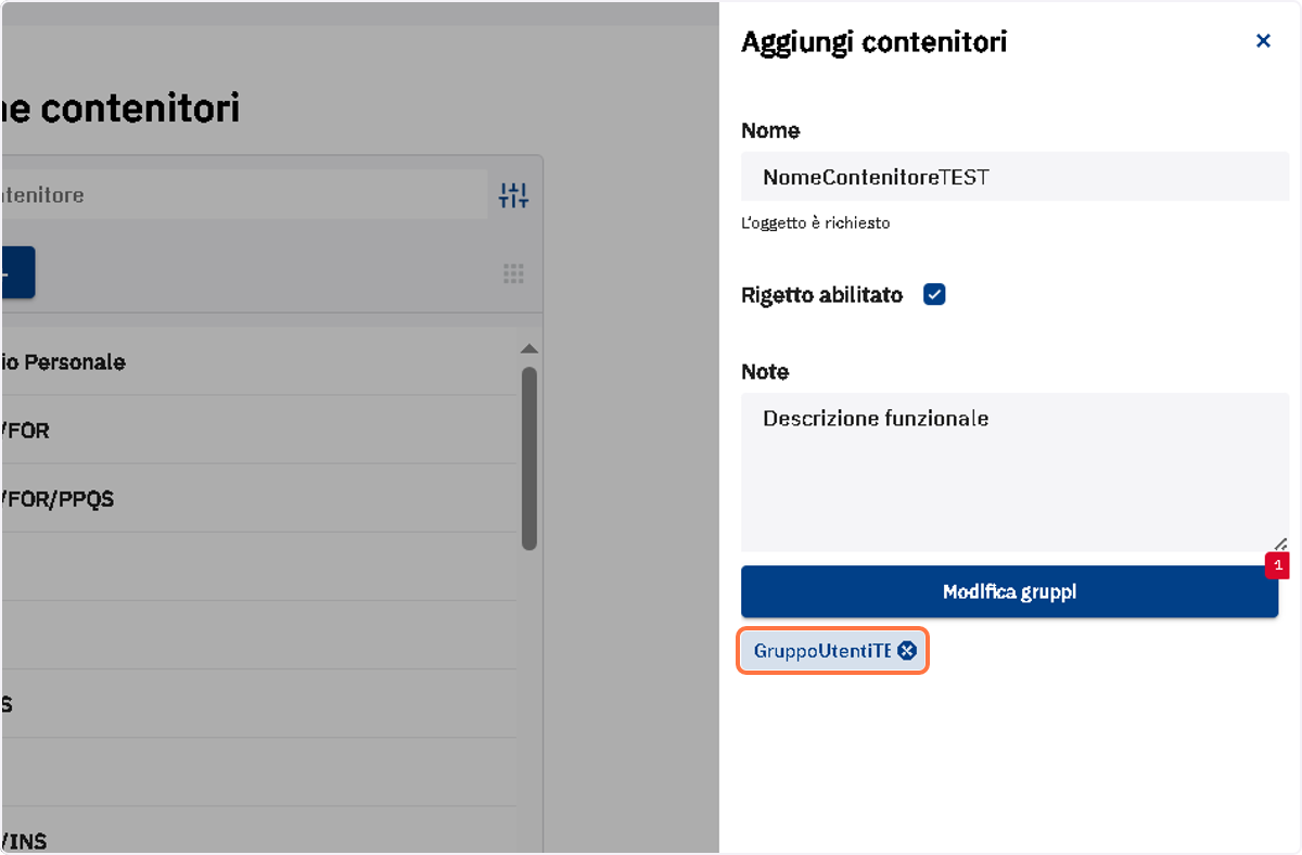 Verificare che il gruppo compaia nel pannello Aggiungi contenitori