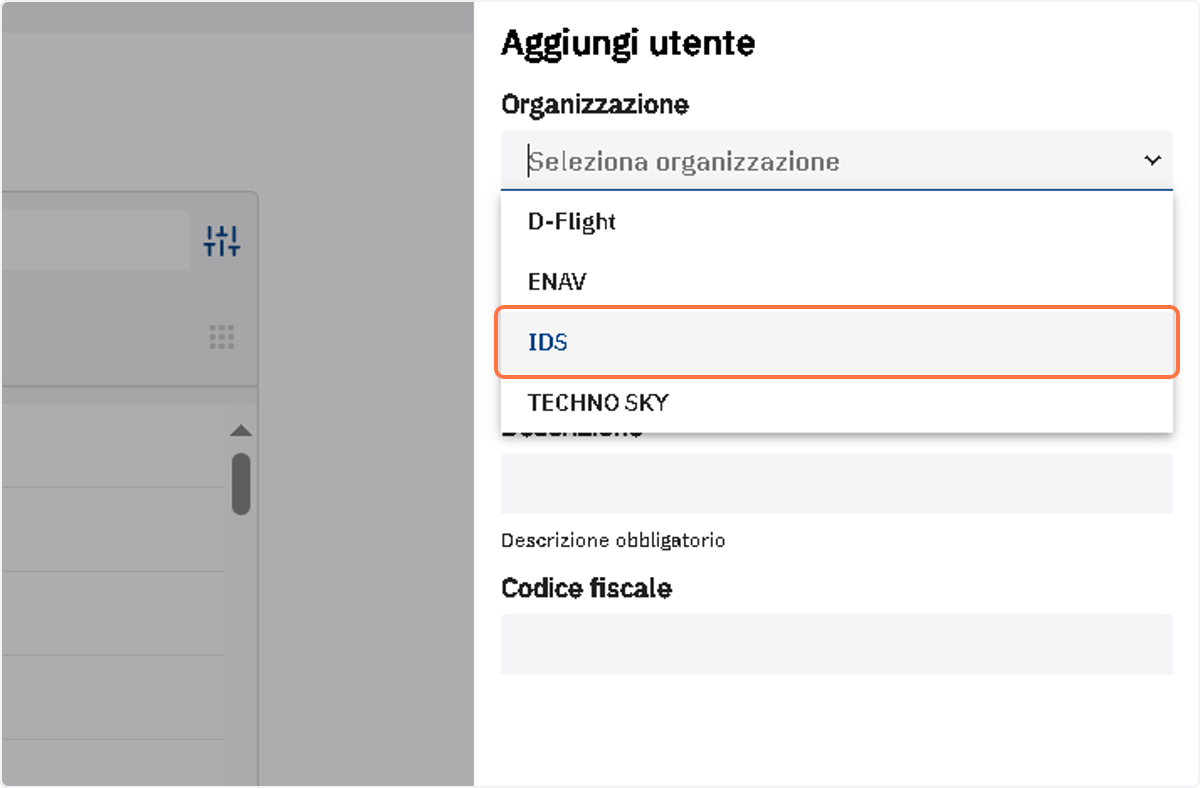 Selezionare il valore del campo "Organizzazione"