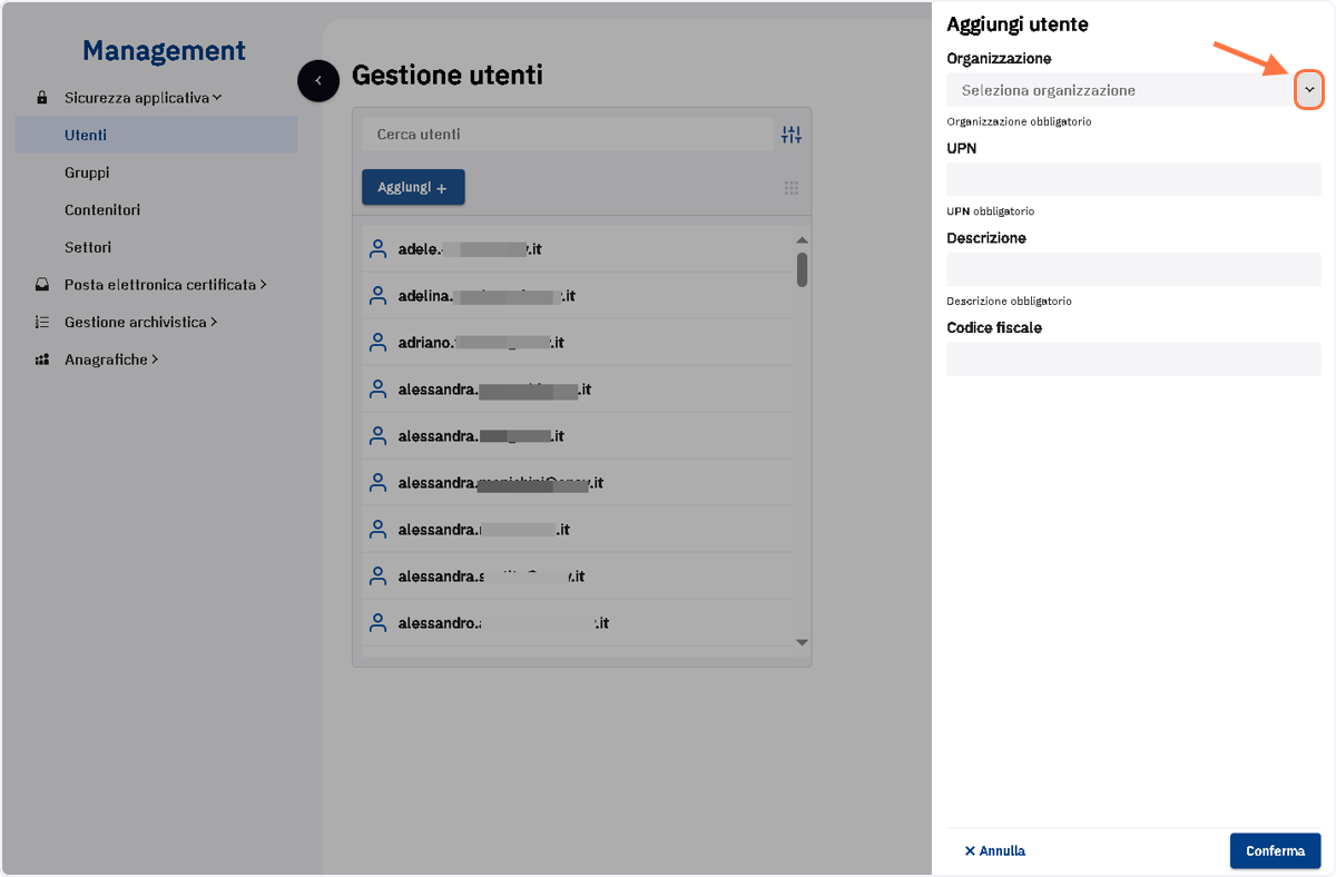 Cliccare sulla freccia per aprire il menu a tendina