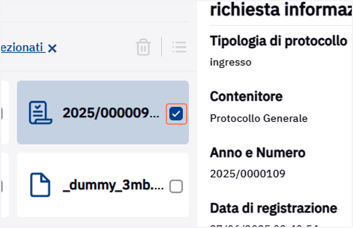 Casella di selezione di un elemento del fascicolo