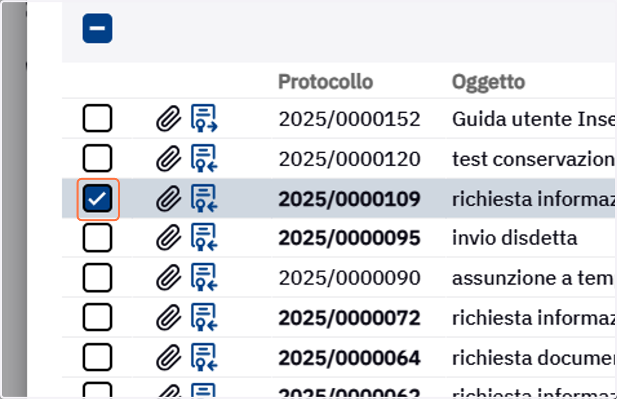 Maschera Ricerca protocolli con selezione dei documenti