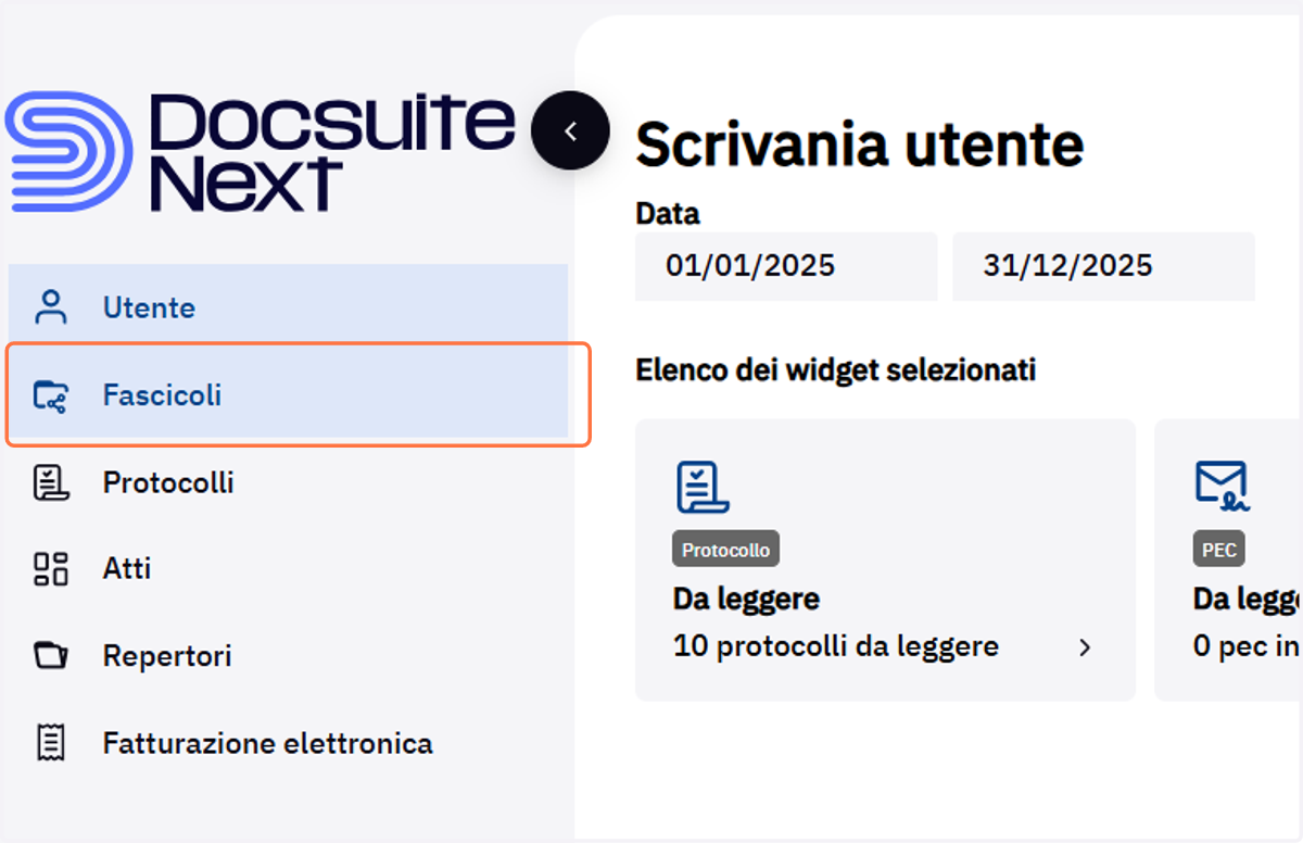 Menu laterale con la voce Fascicoli