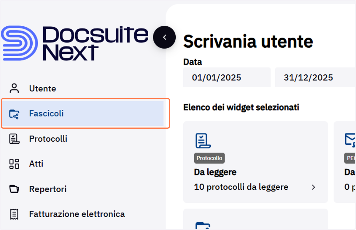 Menu laterale con la voce Fascicoli
