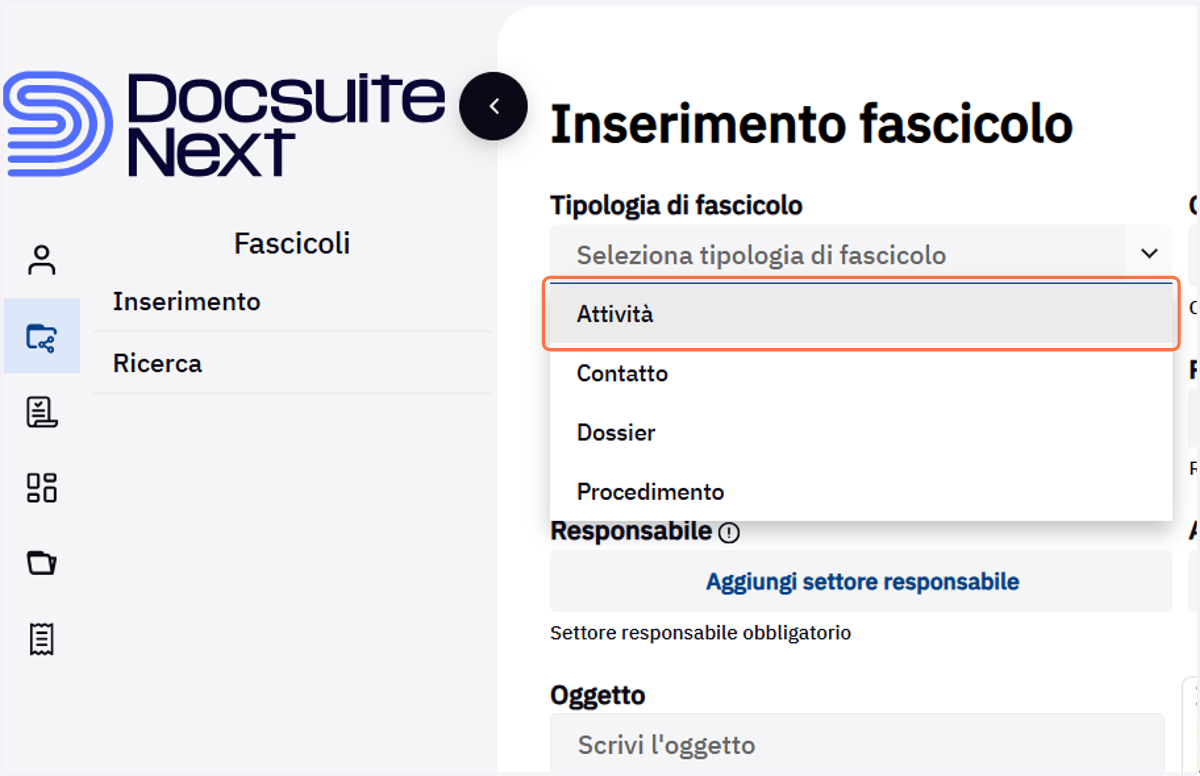 Menu a tendina Tipologia di fascicolo
