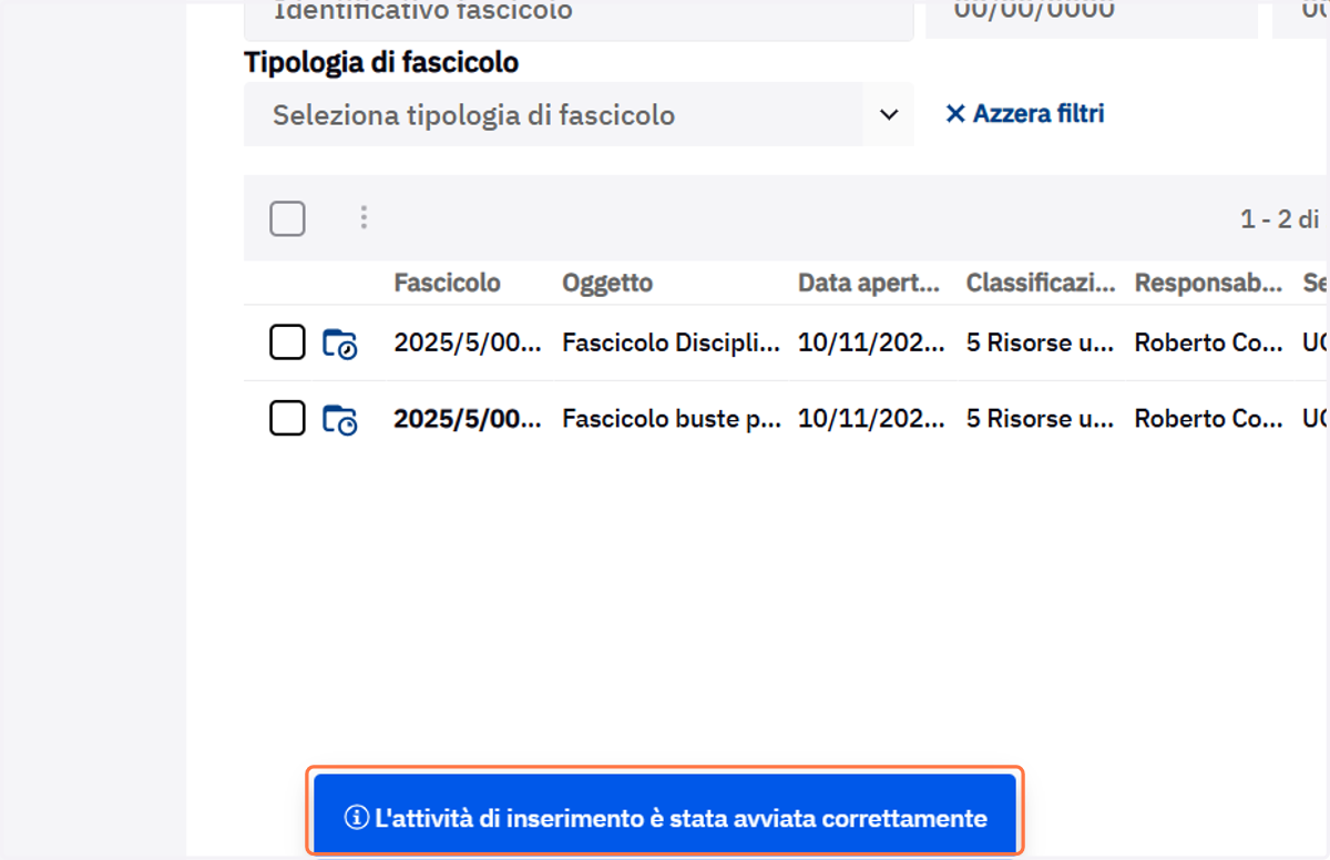 Messaggio di avvio dell'attività di creazione del fascicolo