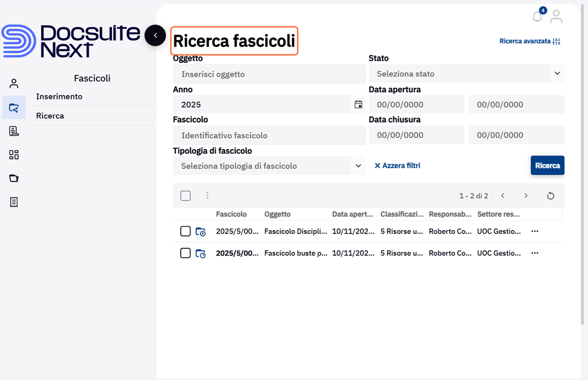 Pagina di Ricerca dei fascicoli