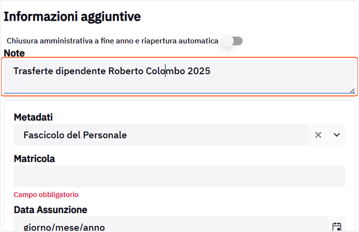 Campo Note della finestra Informazioni aggiuntive
