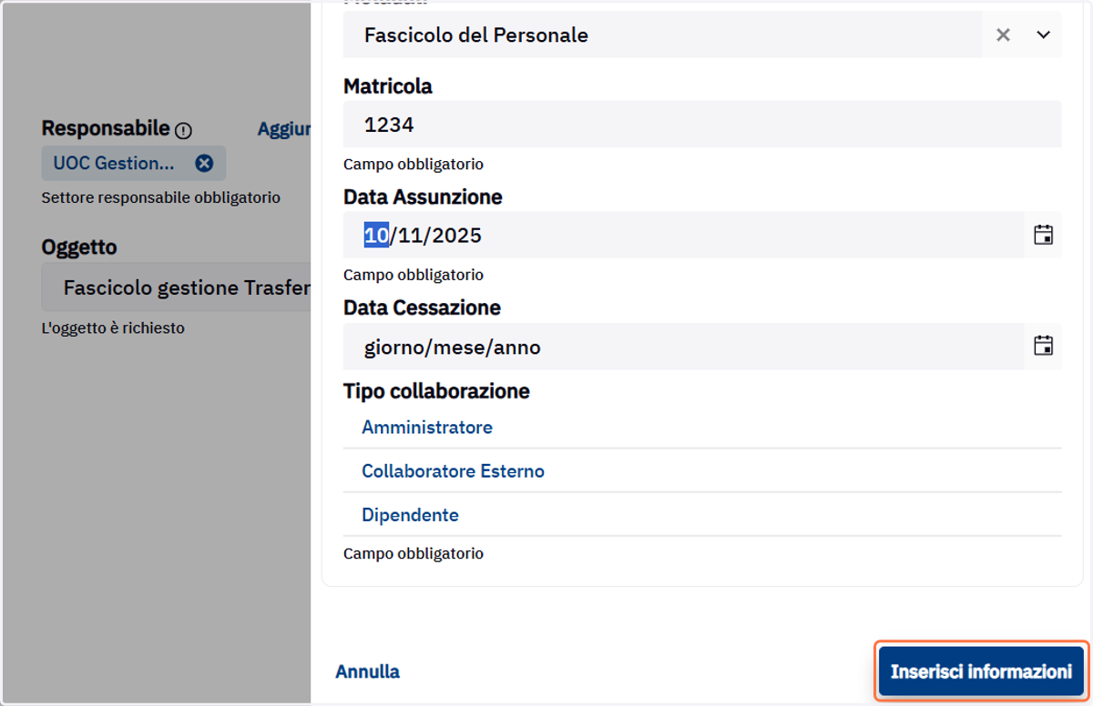 Pulsante Inserisci informazioni