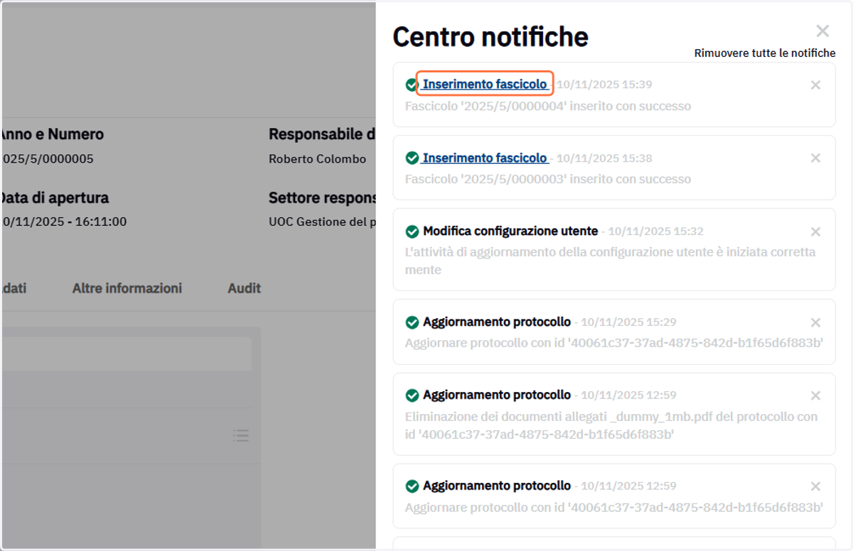 Collegamento rapido Inserimento fascicolo