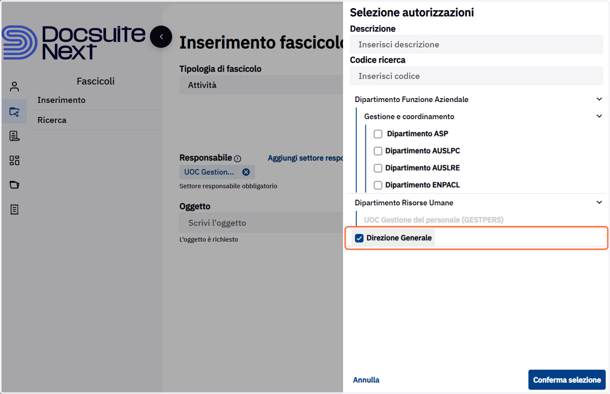 Selezione dei settori autorizzati