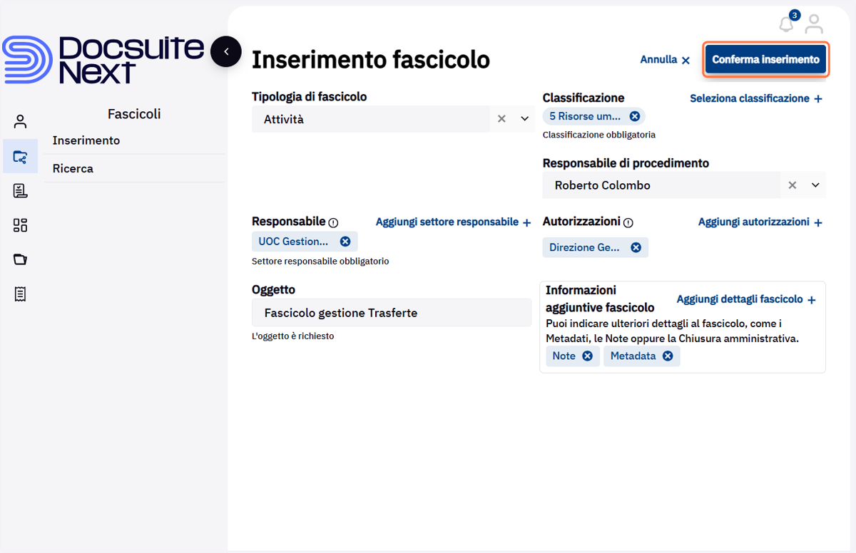 Pulsante Conferma inserimento