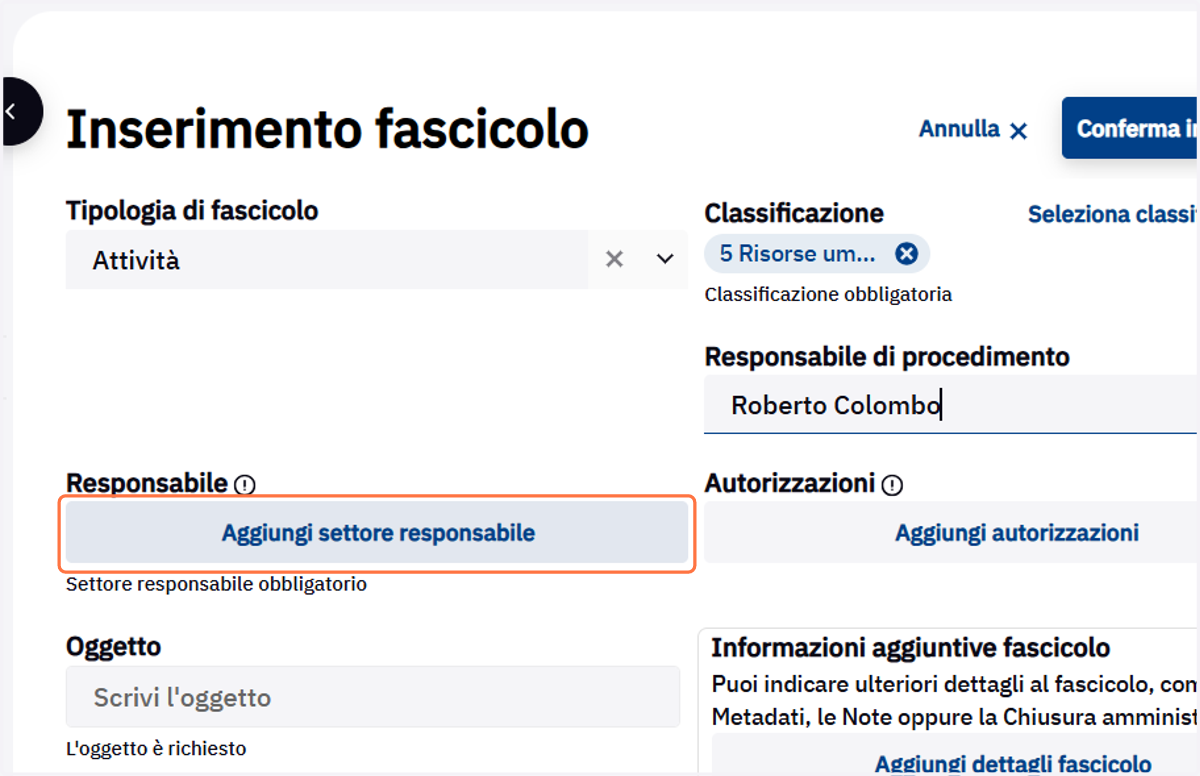 Comando Aggiungi settore responsabile