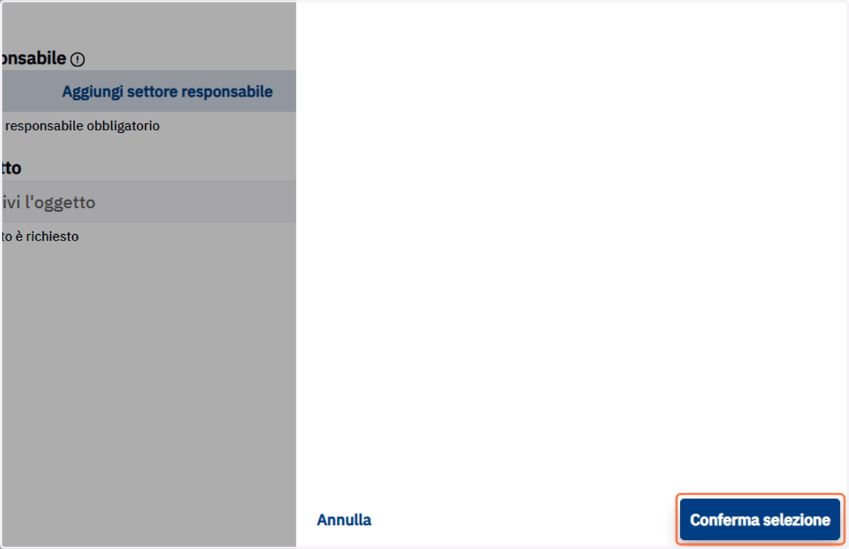 Pulsante Conferma selezione del settore responsabile