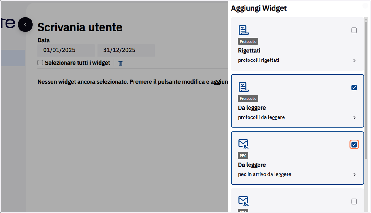 Selezione dei widget da aggiungere