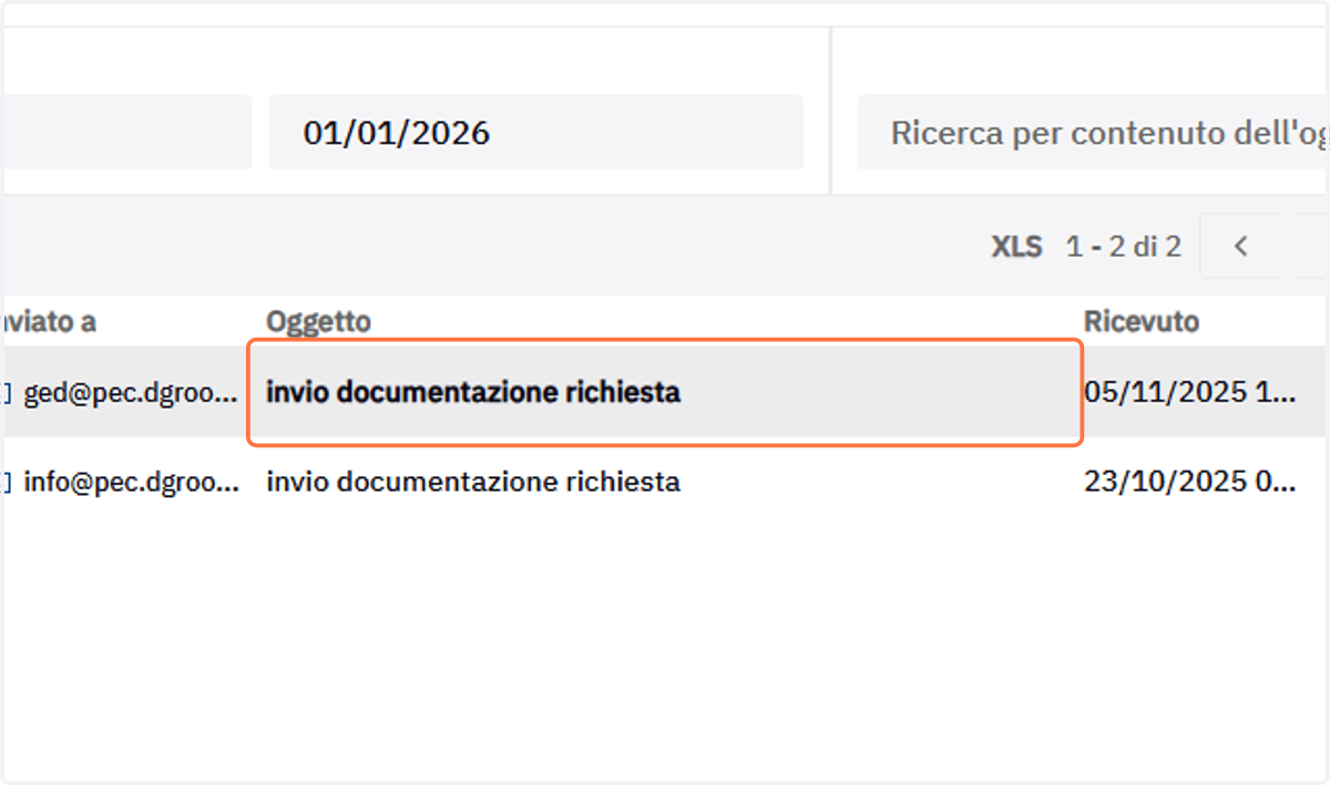Oggetto della PEC nell'elenco