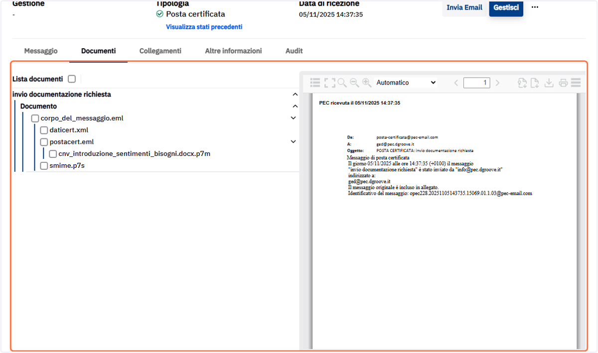 Corpo del messaggio con il documento allegato