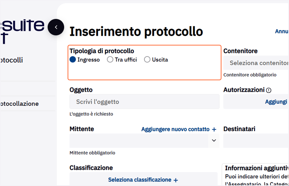 Opzioni della tipologia di protocollo