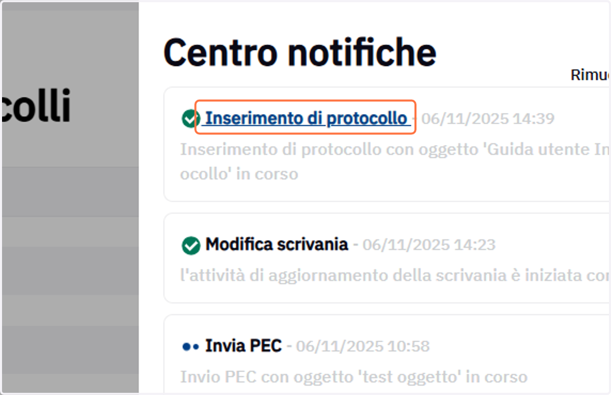 Collegamento rapido al protocollo creato