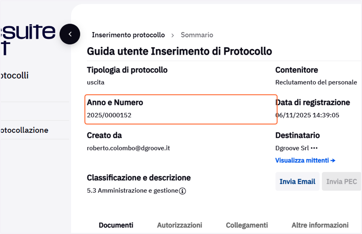 Anno e numero del protocollo registrato