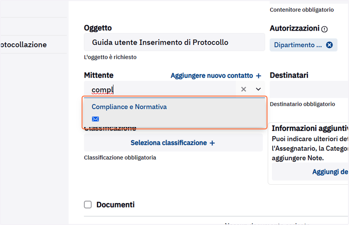 Selezione del mittente