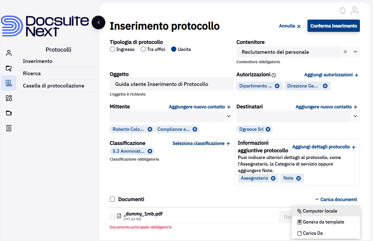 Finestra di selezione del file