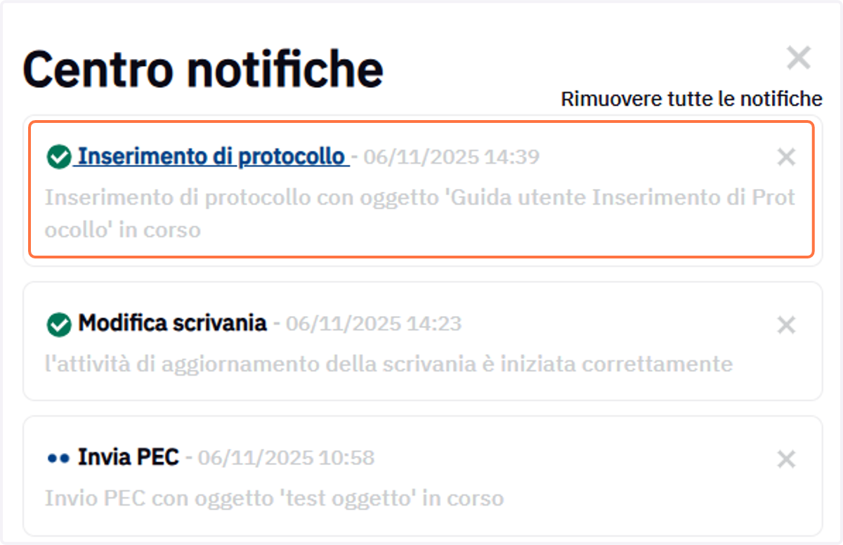 Notifica di inserimento del protocollo
