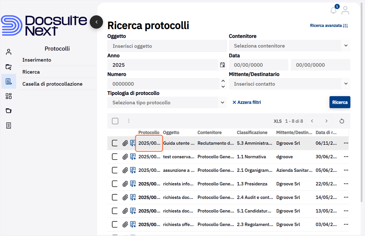 Numero di protocollo nei risultati di ricerca