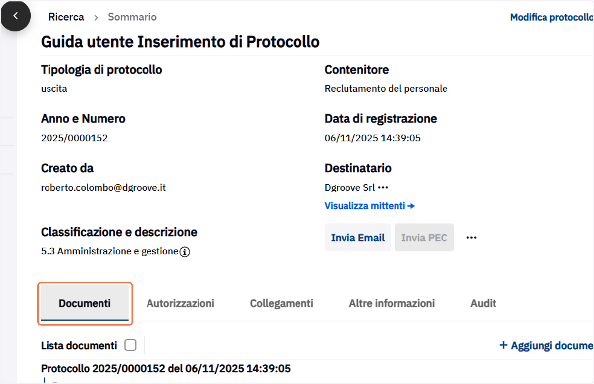 Scheda Documenti del protocollo