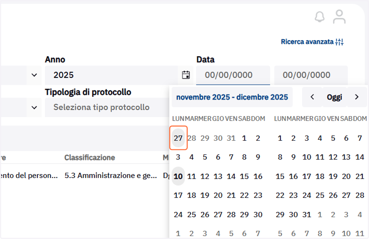 Selezione della data iniziale