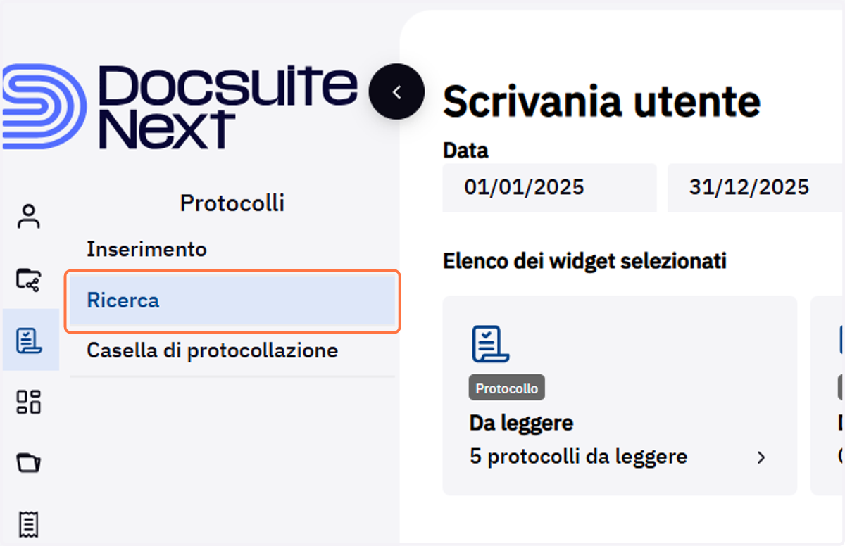 Voce Ricerca del modulo Protocollo