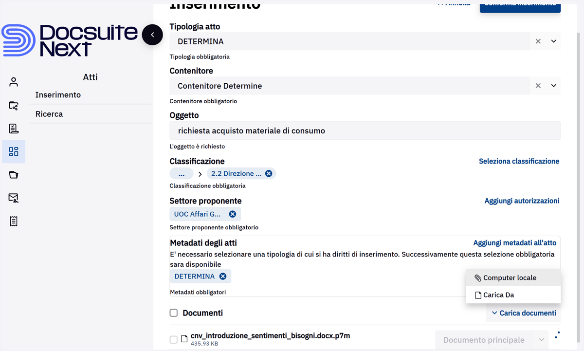 Inserimento della catena documentale